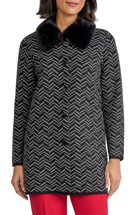 Faux Fur Collar Herringbone Cardigan