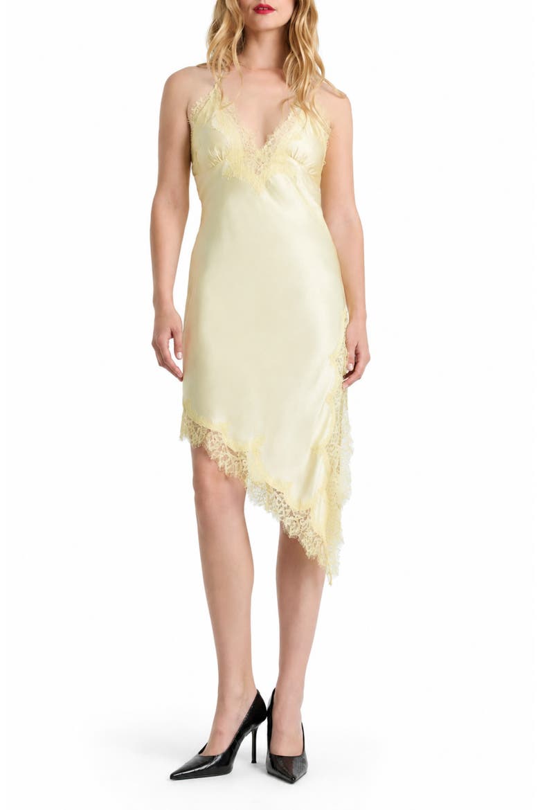 Silvio Asymmetric Lace Trim Satin Dress, Main, color, BUTTERCUP