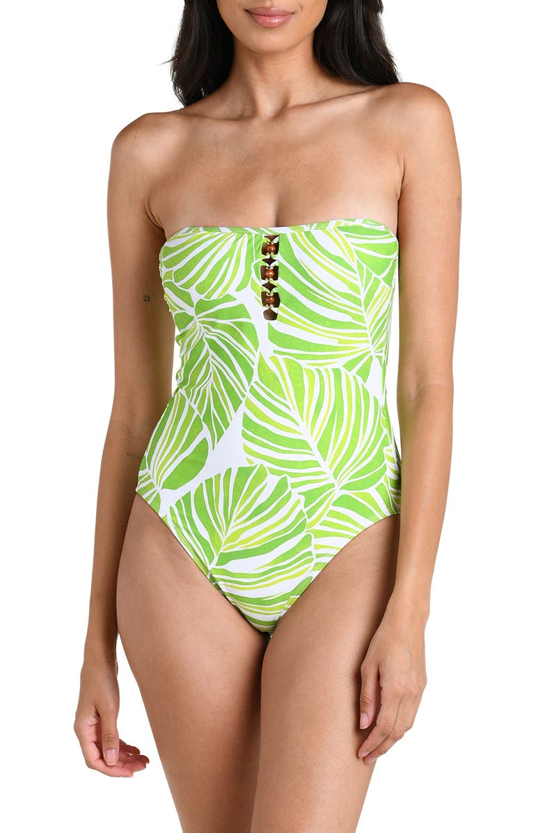 La Blanca Serene Palm Beaded Bandeau One-Piece Swimsuit, Alternate, color, 