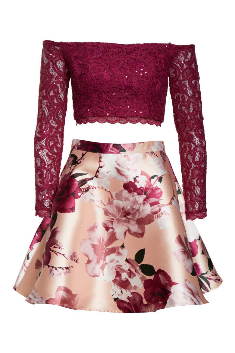 Sequin Lace & Mikado Long Sleeve Two-Piece Dress, Alternate, color, BLUSH/ RASPBERRY