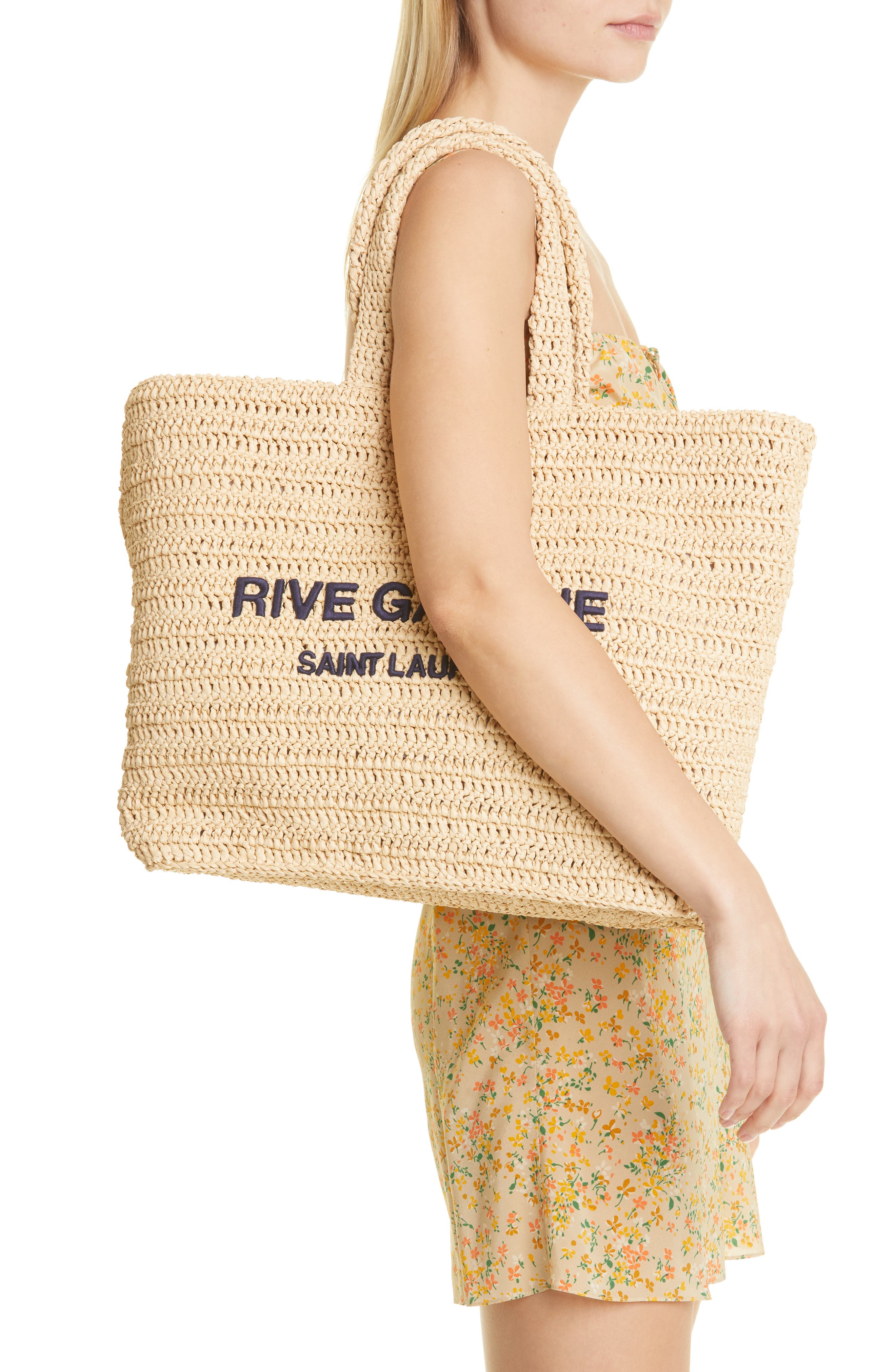 Rive Gauche Logo Crochet Tote, Alternate, color, NATURALE/ DEEP MARINE