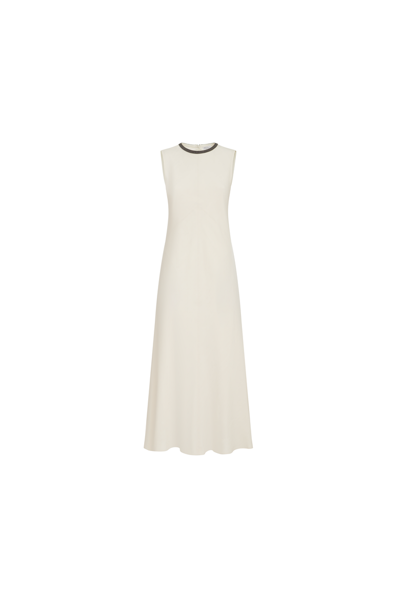 Viscose and linen fluid twill dress with precious collar, Alternate, color, Milk