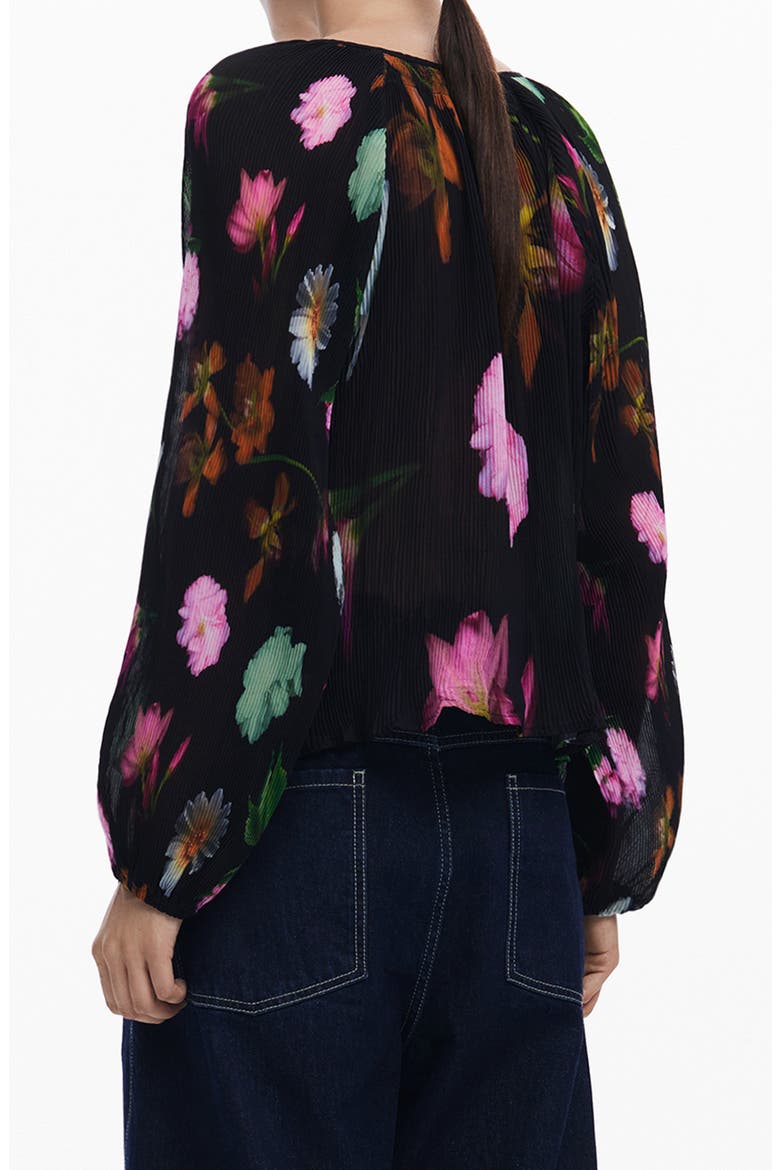 Floral Print Plissé Top, Alternate, color, BLACK