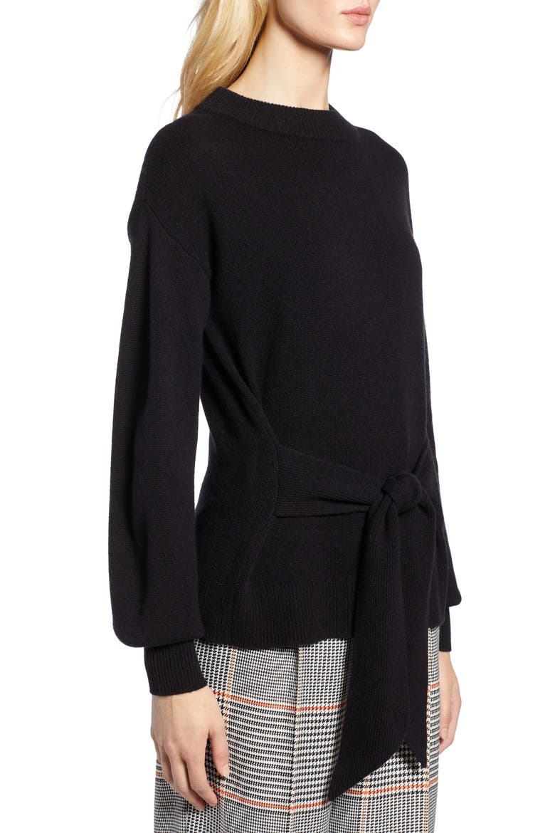 x Atlantic-Pacific Wool and Cashmere Blend Tie Sweater, Alternate, color, BLACK