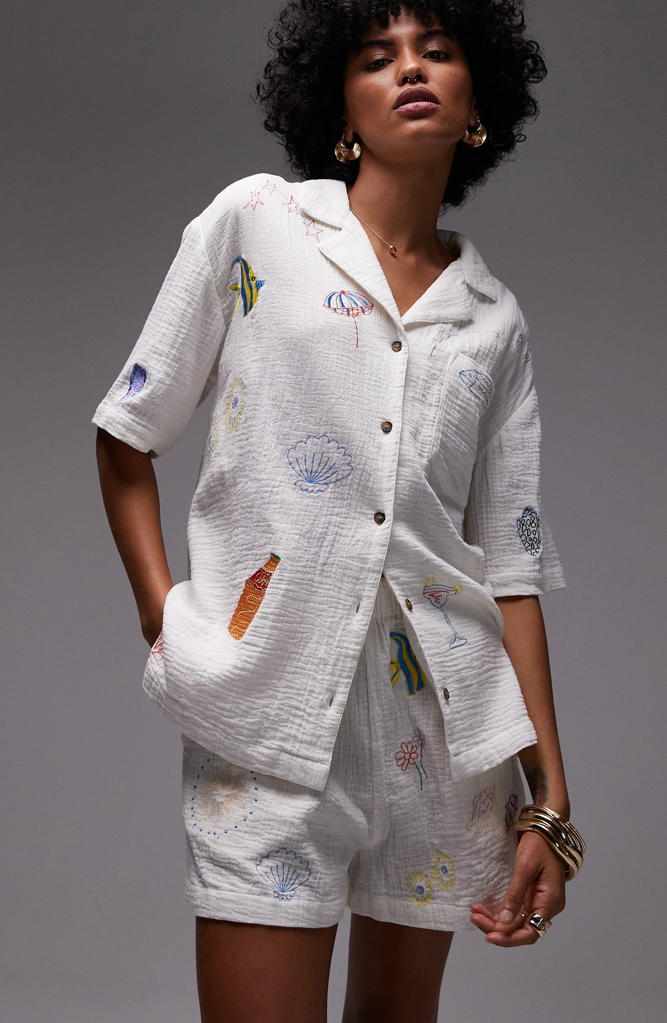 Topshop Resort Embroidered Cotton Camp Shirt