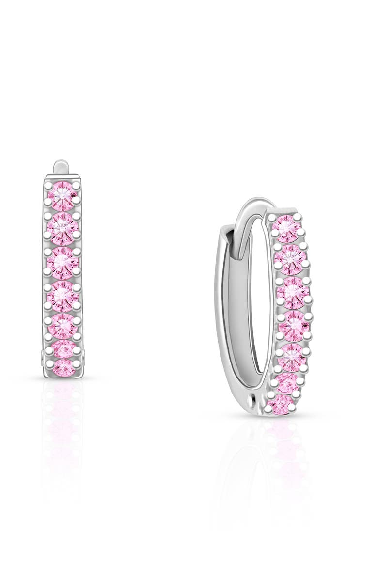 Sterling Silver 9mm Timeless Pavé Pink Huggie Hoop Earrings, Main, color, Sterling Silver