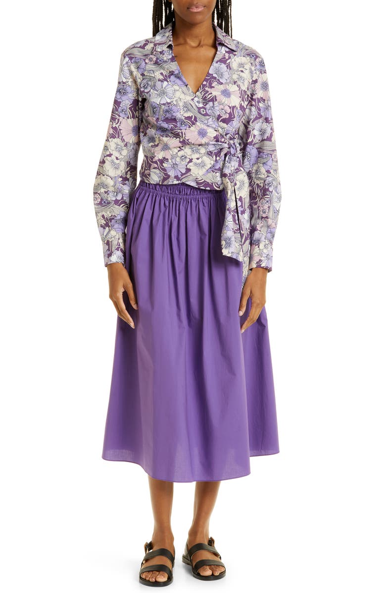 Rebecca Taylor Smocked Waist Cotton Poplin Midi Skirt, Alternate, color, Fox Glove