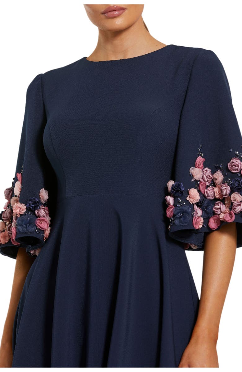 Mac Duggal Stretch Satin Elbow Sleeve Gown With Flower Trim, Alternate, color, Midnight