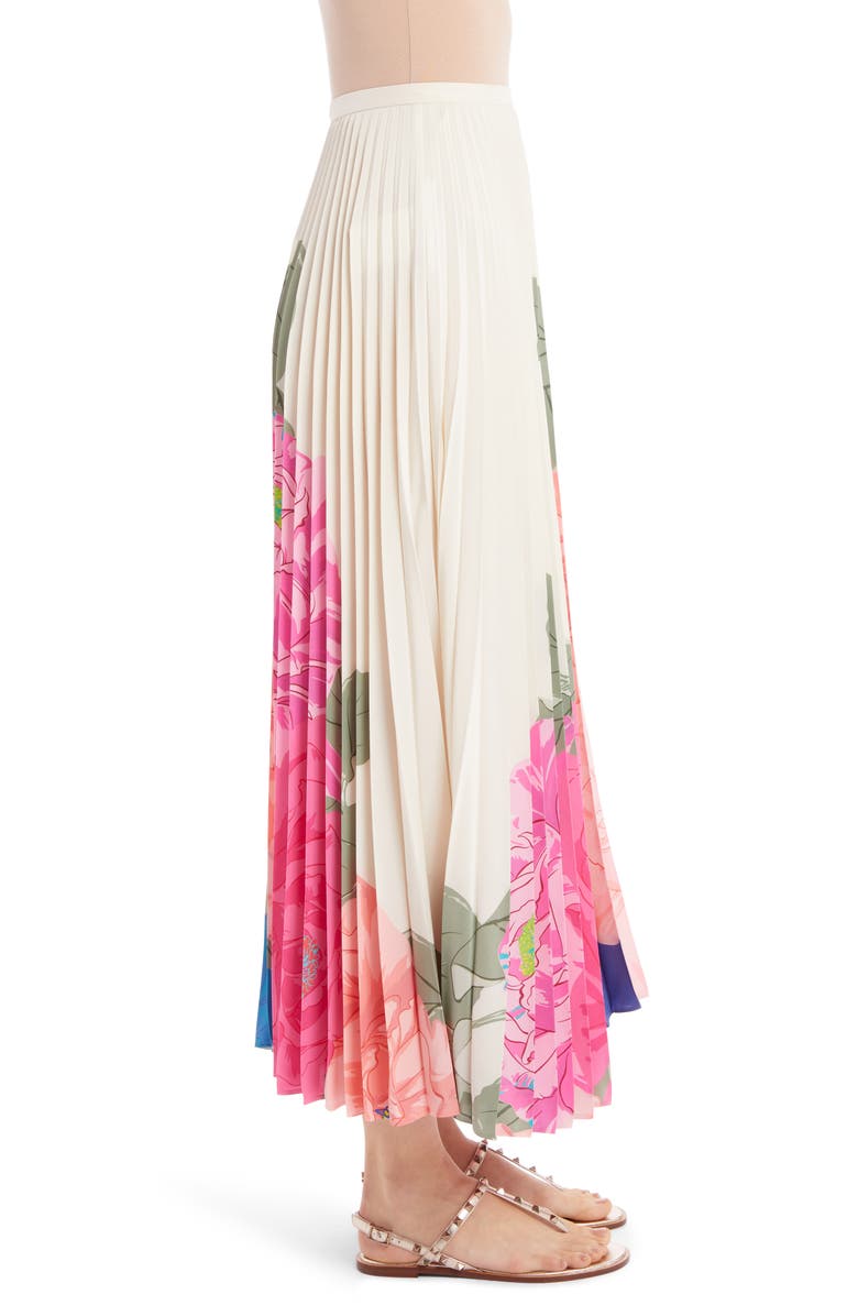 Valentino Marco Camellia Pleated Silk Crêpe de Chine Maxi Skirt, Alternate, color, 