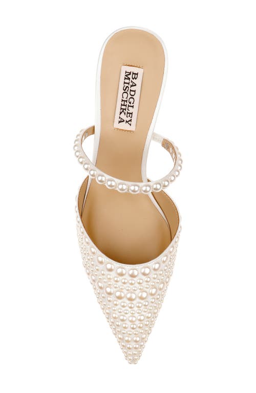 Badgley Mischka Duchess Pointed Pearly Mule Pumps In White Satin