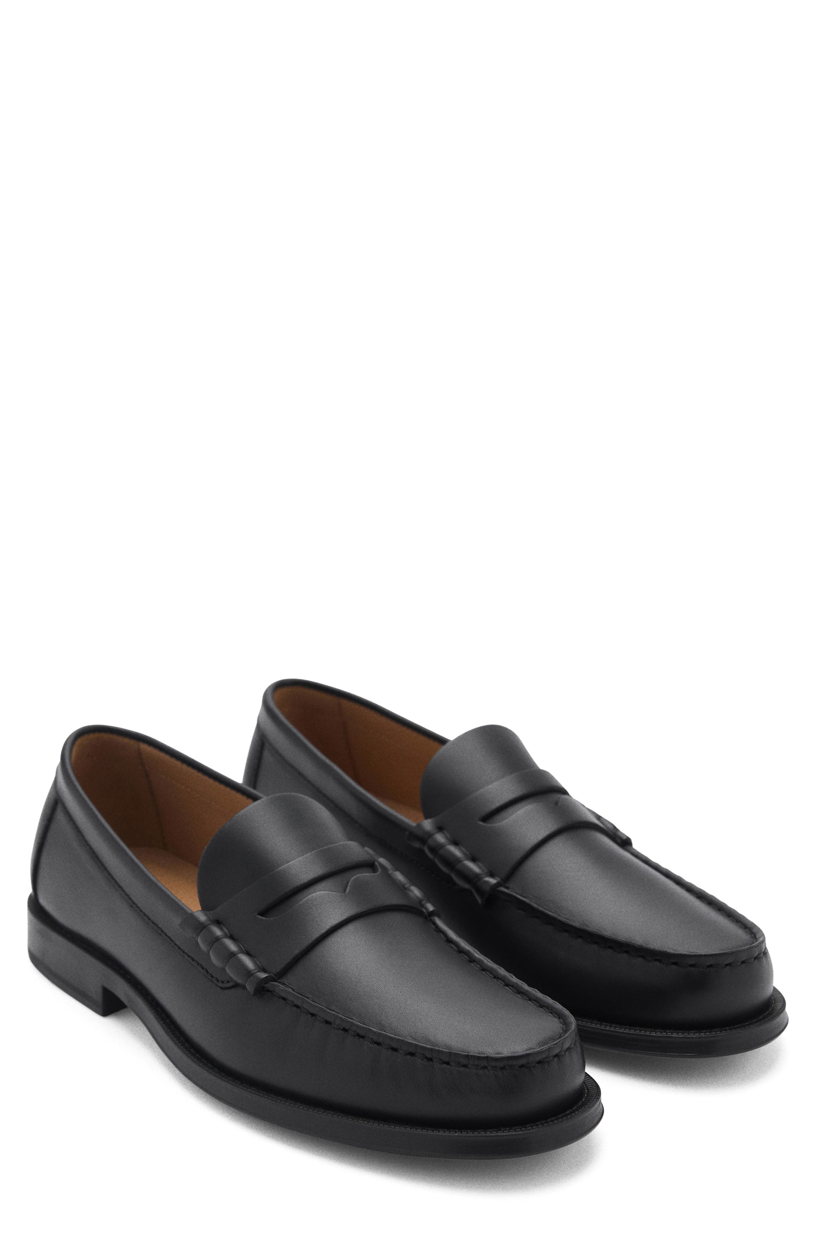 MANGO Leather Penny Loafer, Main, color, Black