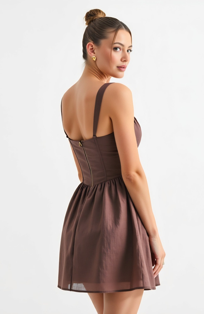 Modenaire Sweetheart Corset Bodice Gathered Bust Flared Skirt Mini Dress, Alternate, color, Brown