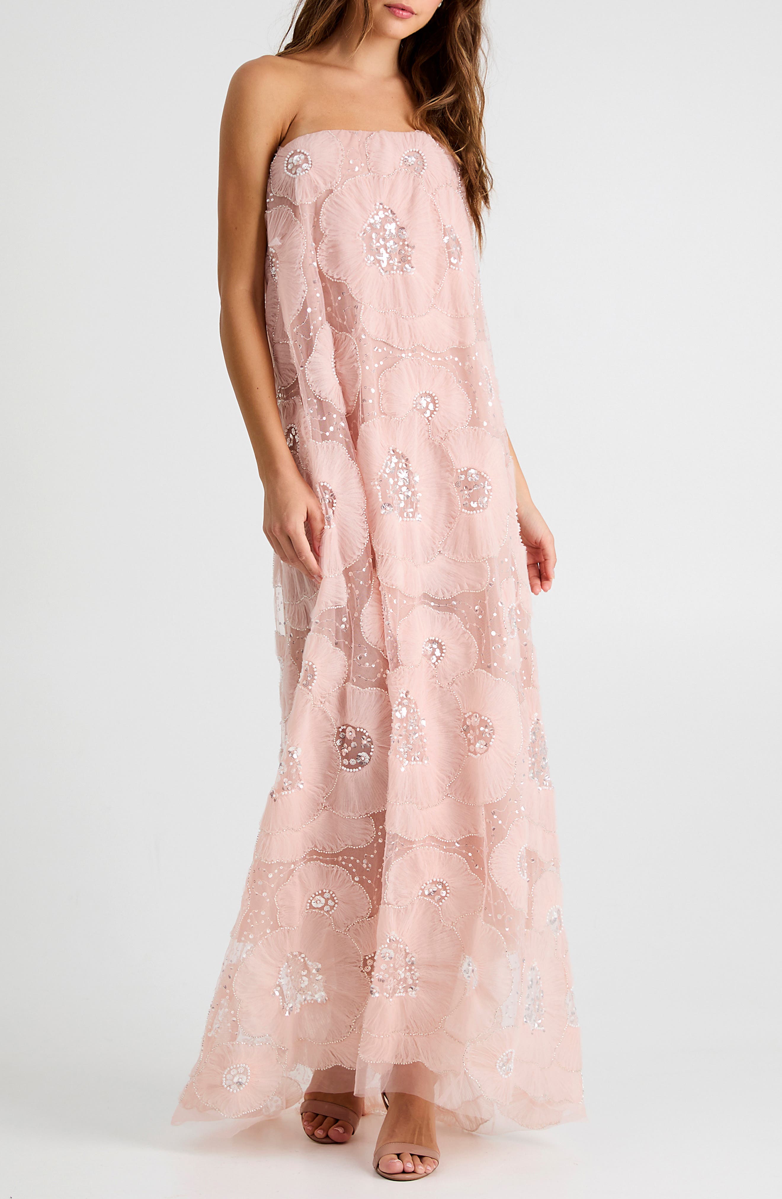 Margot Bead & Applique Strapless Mesh Gown
