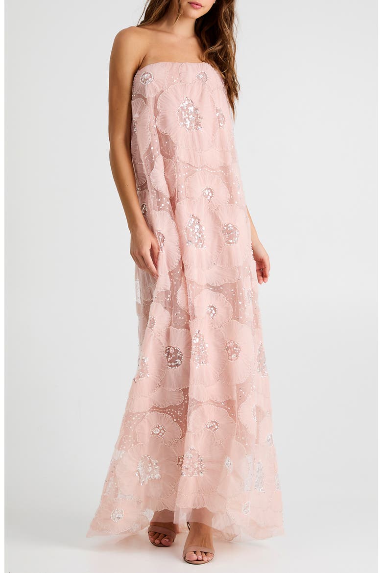 Margot Bead & Appliqué Strapless Mesh Gown, Main, color, PINK PEARL