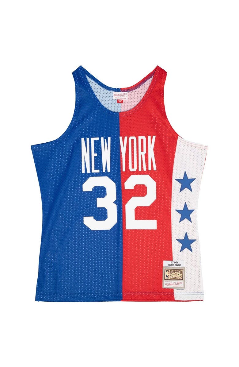 Mitchell & Ness Men's Mitchell & Ness Julius Erving Blue/Red Mitchell & Ness Hardwood Classics 1973/74 Split Swingman Jersey, Alternate, color,