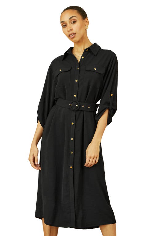 Yumi 3/4 Sleeve Belted Midi Shirt Dress In Animal Print