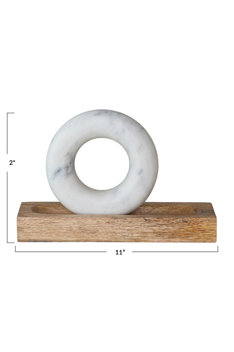 Mango Wood Mortar with Marble Ring Shaped Pestle, Natural and White, Alternate, color, Natural
