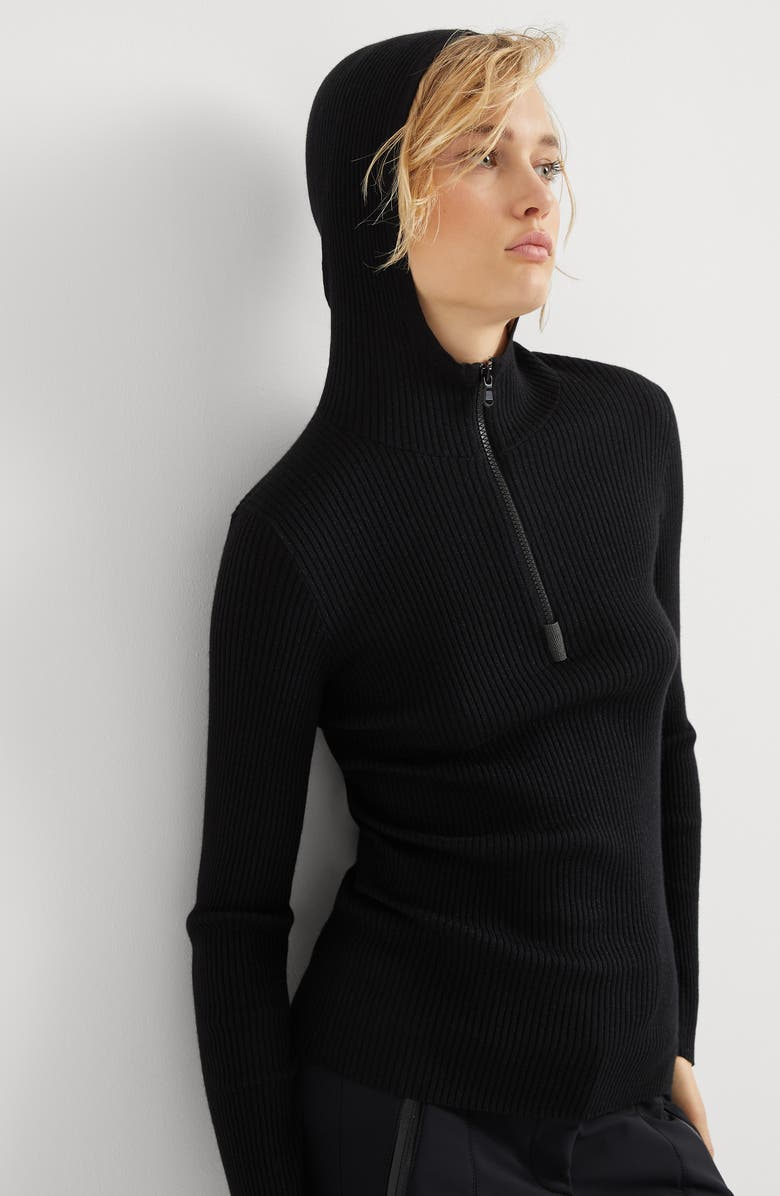 Brunello Cucinelli Sparkling cashmere and silk lightweight rib knit hooded sweater with shiny detail, Alternate, color, 