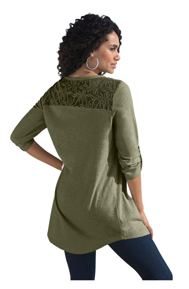 Roaman's Textured Lace Trimmed Tunic, Main, color, Dark Olive Green