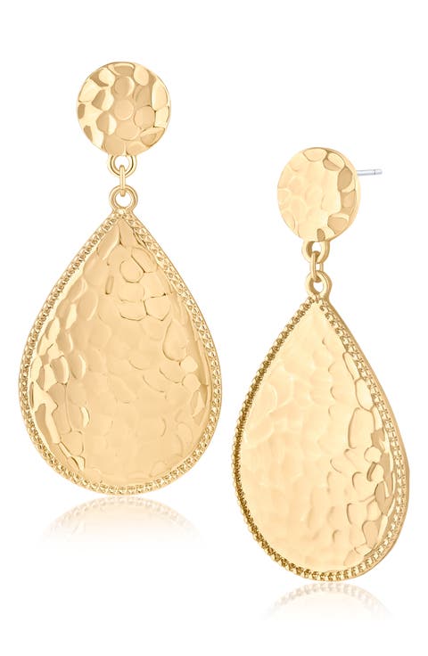 14K Gold Plated Hammered Teardrop Earrings