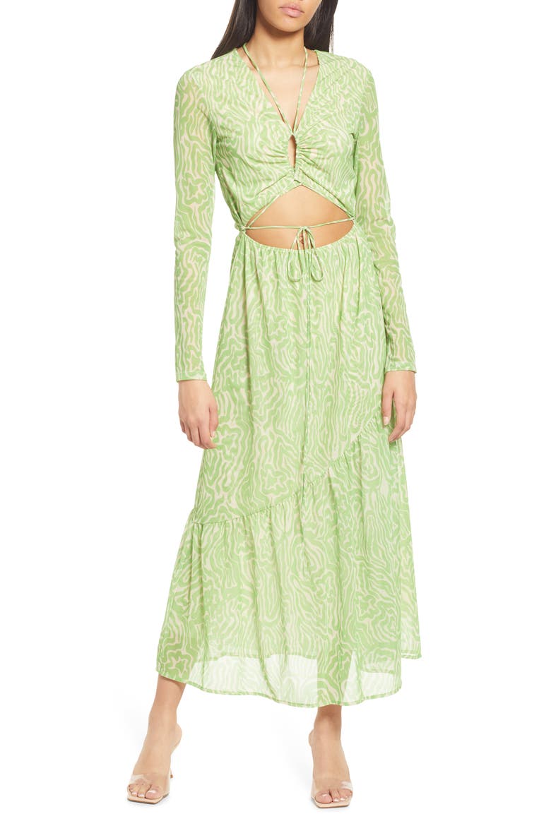Cutout Long Sleeve Midi Dress, Main, color, GREEN/ YELLOW