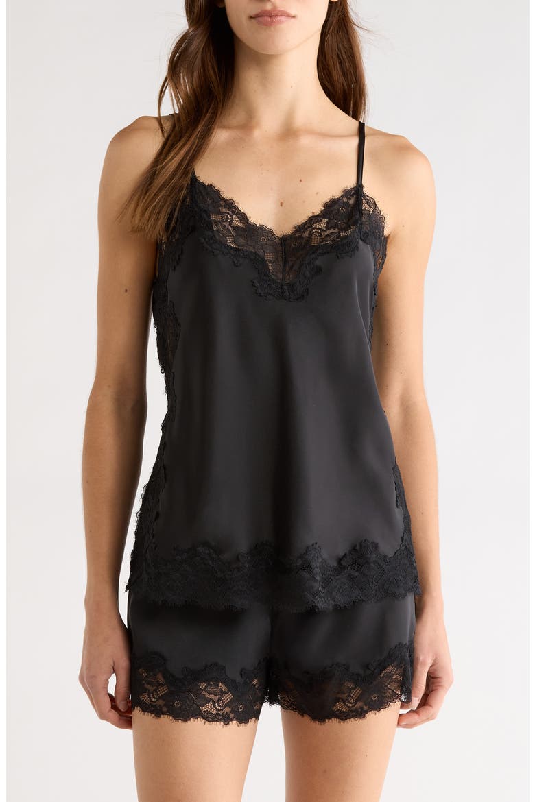 Lace Trim Satin Short Pajamas, Main, color, BLACK