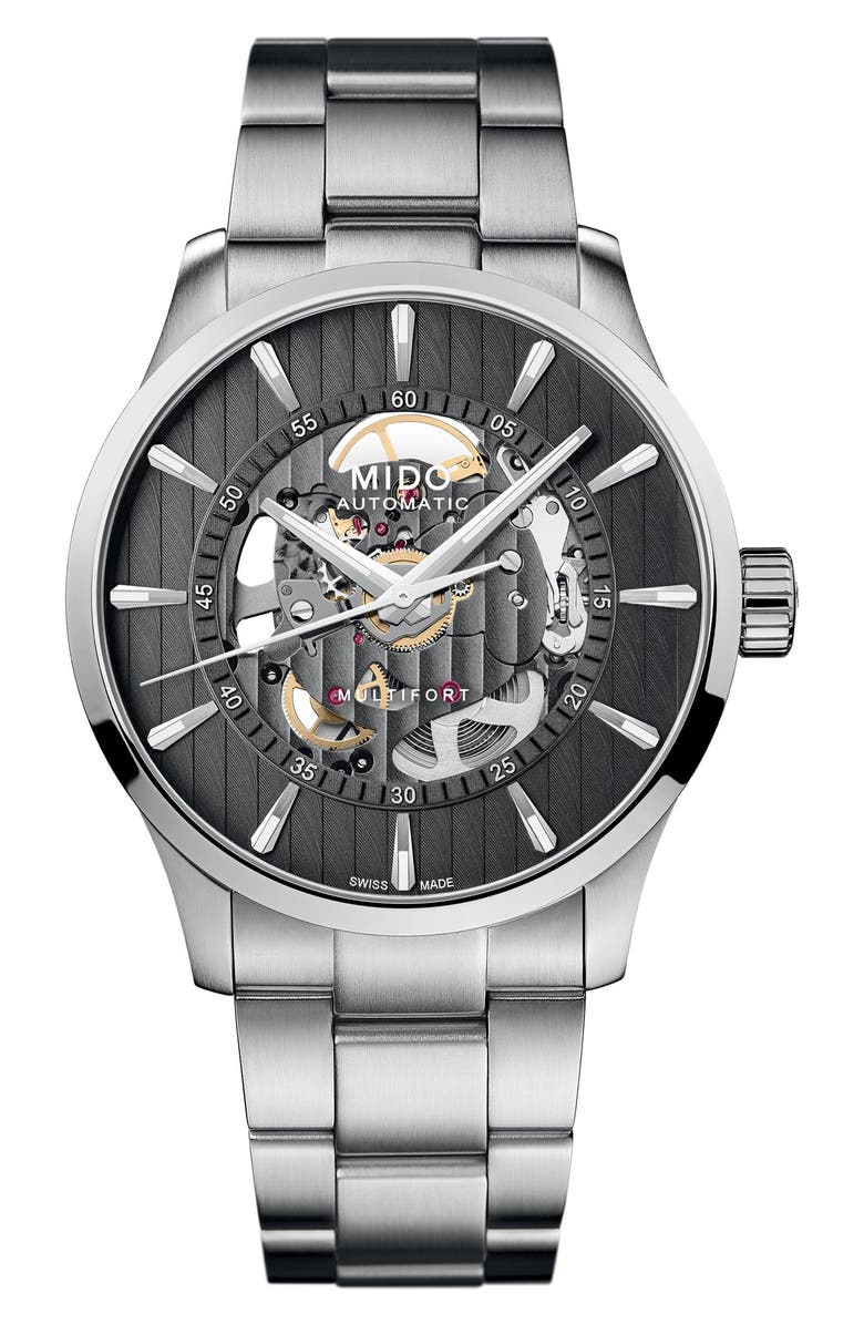 MIDO Multifort Skeleton Vertigo Bracelet Watch, 42mm, Main, color, Anthracite