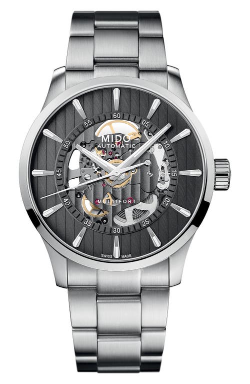 Mido Men's Swiss Automatic Multifort Skeleton Vertigo Stainless Steel Bracelet Watch 42mm In Silver