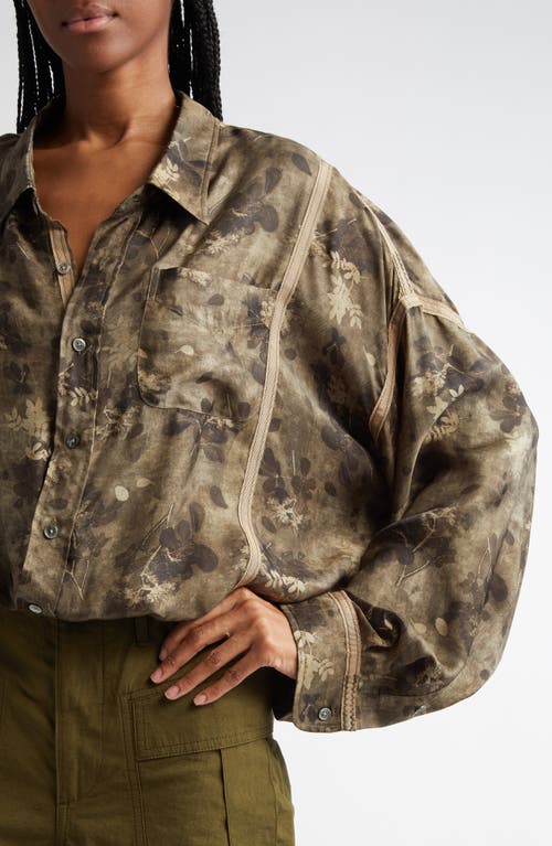 R13 Floral Tapped Crossover Bubble Hem Button-up Shirt In Olive Floral