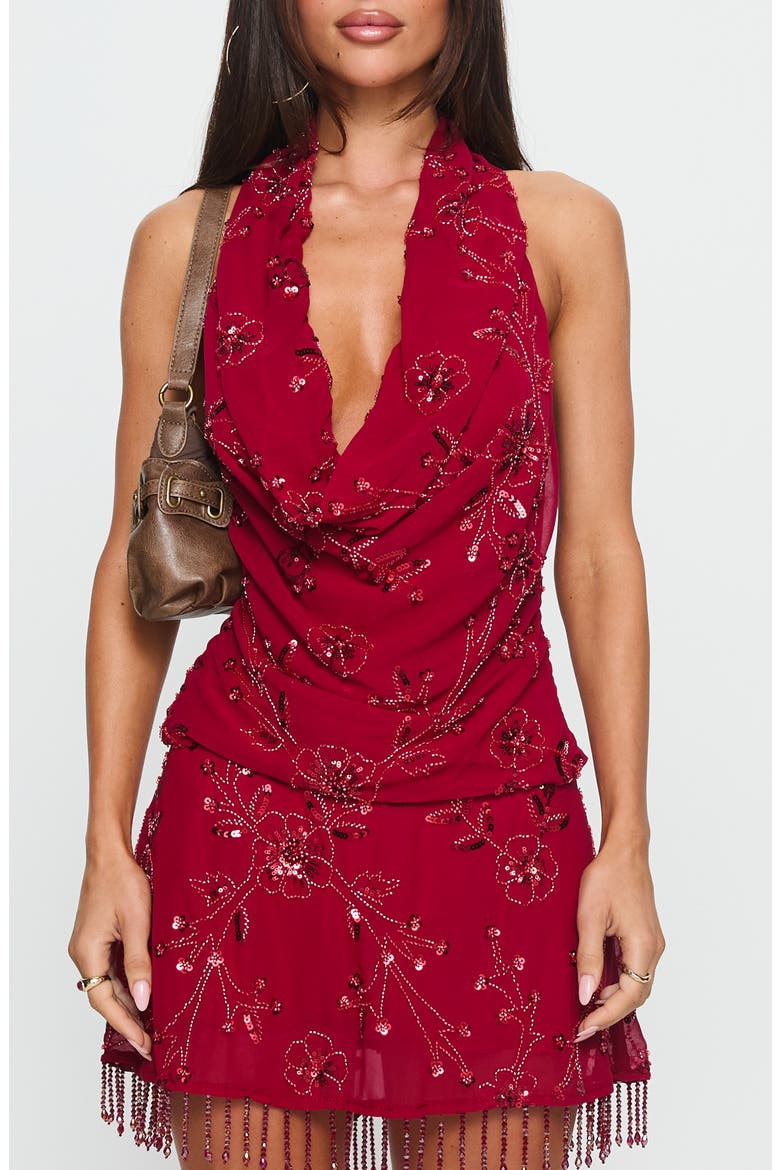 Twilight Zone Beaded Cowl Halter Top, Main, color, RED