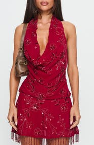 Princess Polly Twilight Zone Beaded Cowl Halter Top