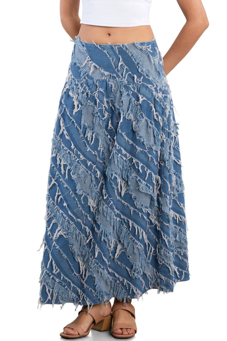 Frayed Layers Denim Maxi Skirt, Main, color, LIGHT DENIM STITCH