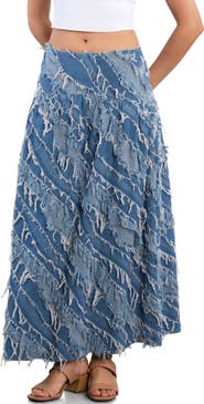 Wash Lab Denim Frayed Layers Denim Maxi Skirt