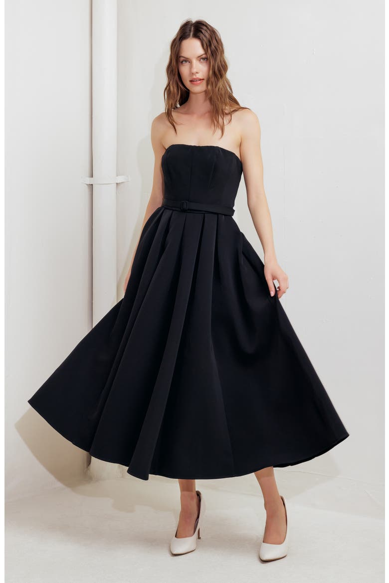 Belted Strapless Midi Dress, Alternate, color, BLACK