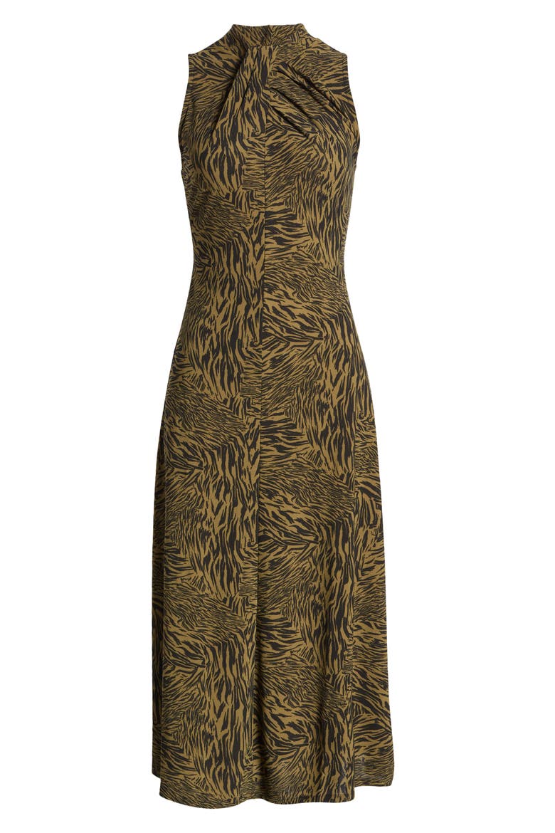 Twist Neck Animal Print Midi Dress, Alternate, color, OLIVE- BLACK SPLICE ANIMAL