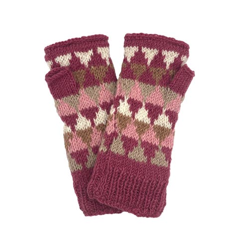Feelgoodz Hand-knit Jaya Harlequin Wool Half Mitten In Burgundy