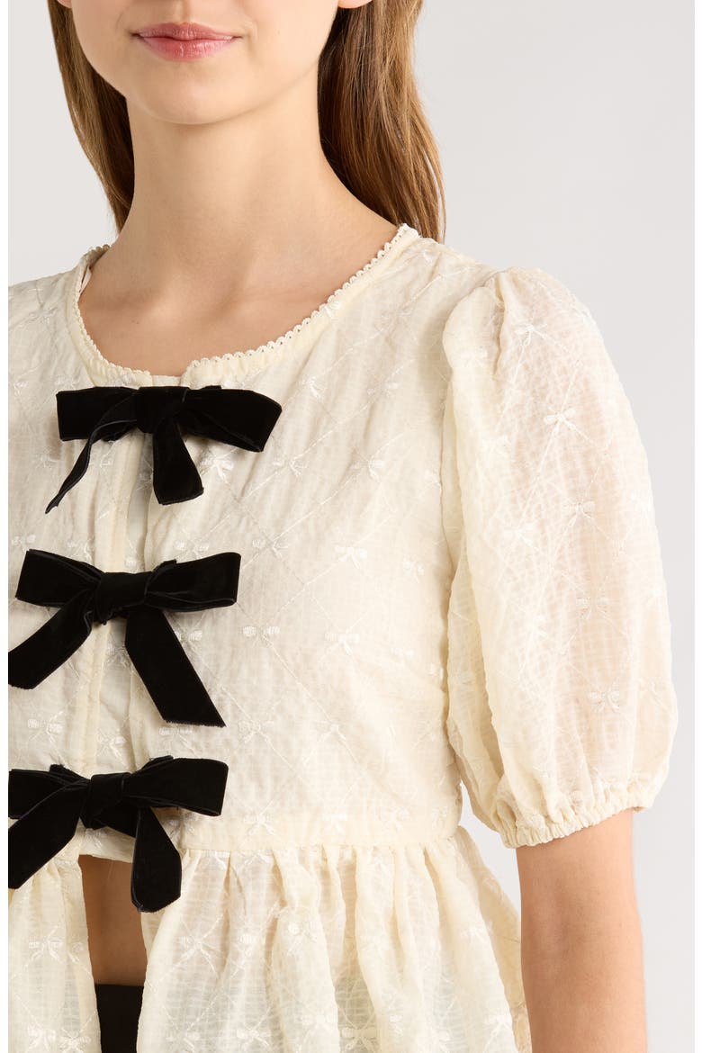 Tie Front Puff Sleeve Peplum Top, Alternate, color, CREAM BLACK