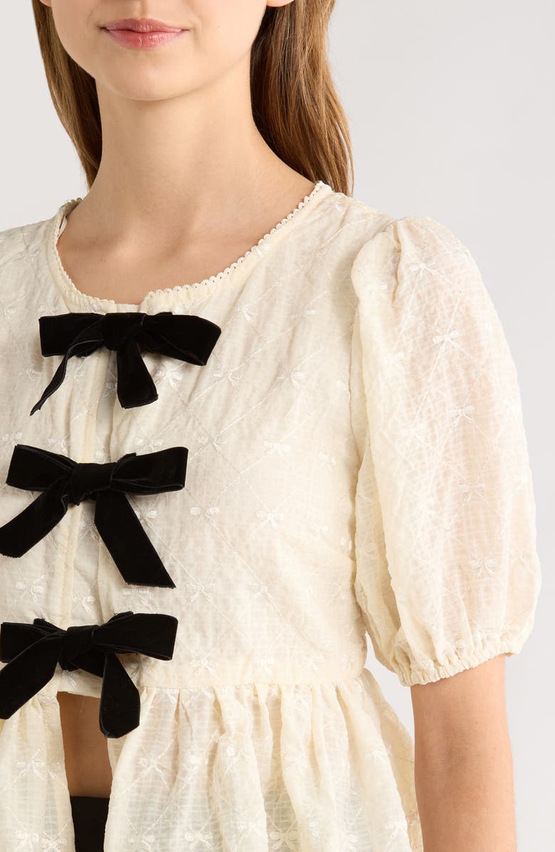 All in Favor Tie Front Puff Sleeve Peplum Top, Alternate, color, Cream Black