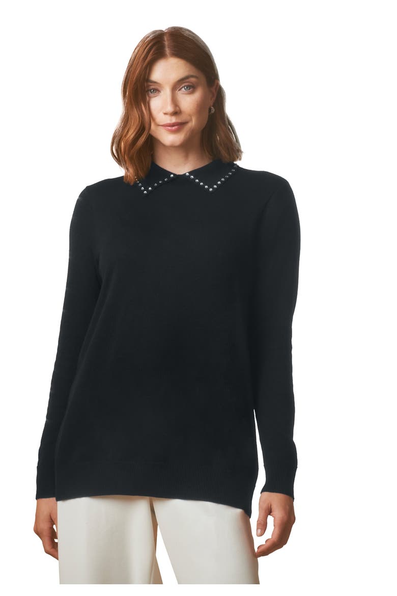 Fine Gauge Embellished Sweater, Main, color, BLACK RHINESTONE COLLAR