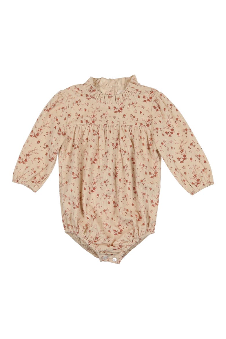 Floral Ruffle Neck Corduroy Bubble Romper, Main, color, CLAY