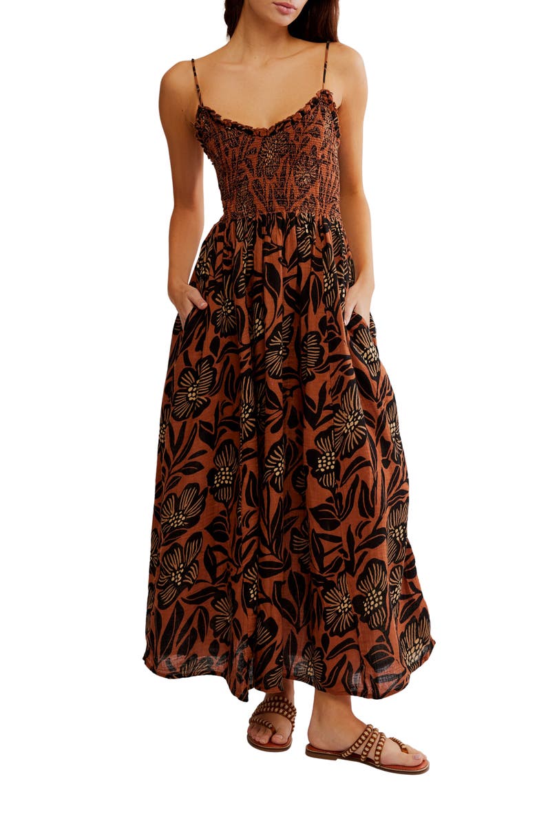 Free People Sweet Nothings Floral Print Sleeveless Maxi Sundress, Main, color, Brown Patina Combo