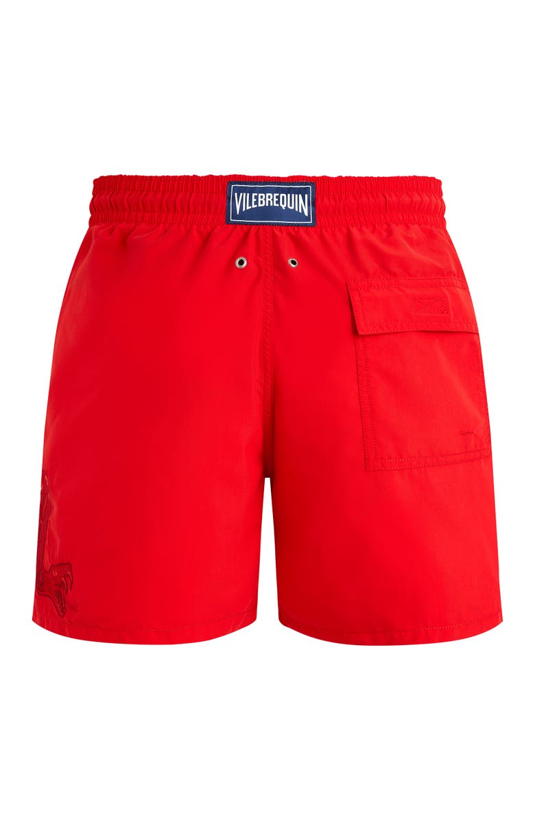Vilebrequin Men's Snake Embroidered Swim Shorts, Alternate, color, Coquelicot