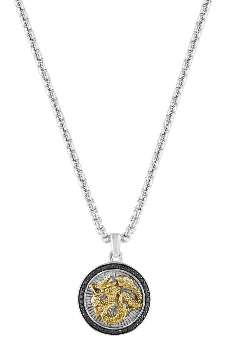 Men's Two-Tone Dragon Disc Pendant Necklace, Main, color, BLACK