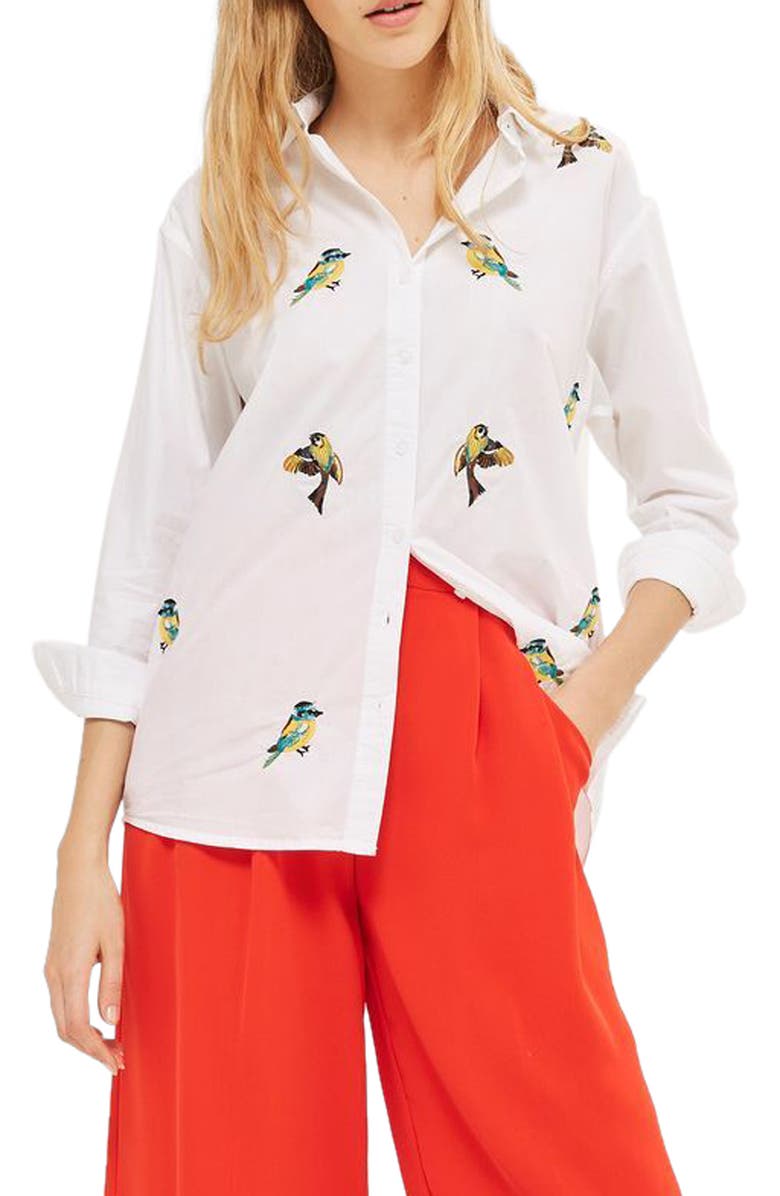 Topshop Embroidered Bird Shirt, Main, color,