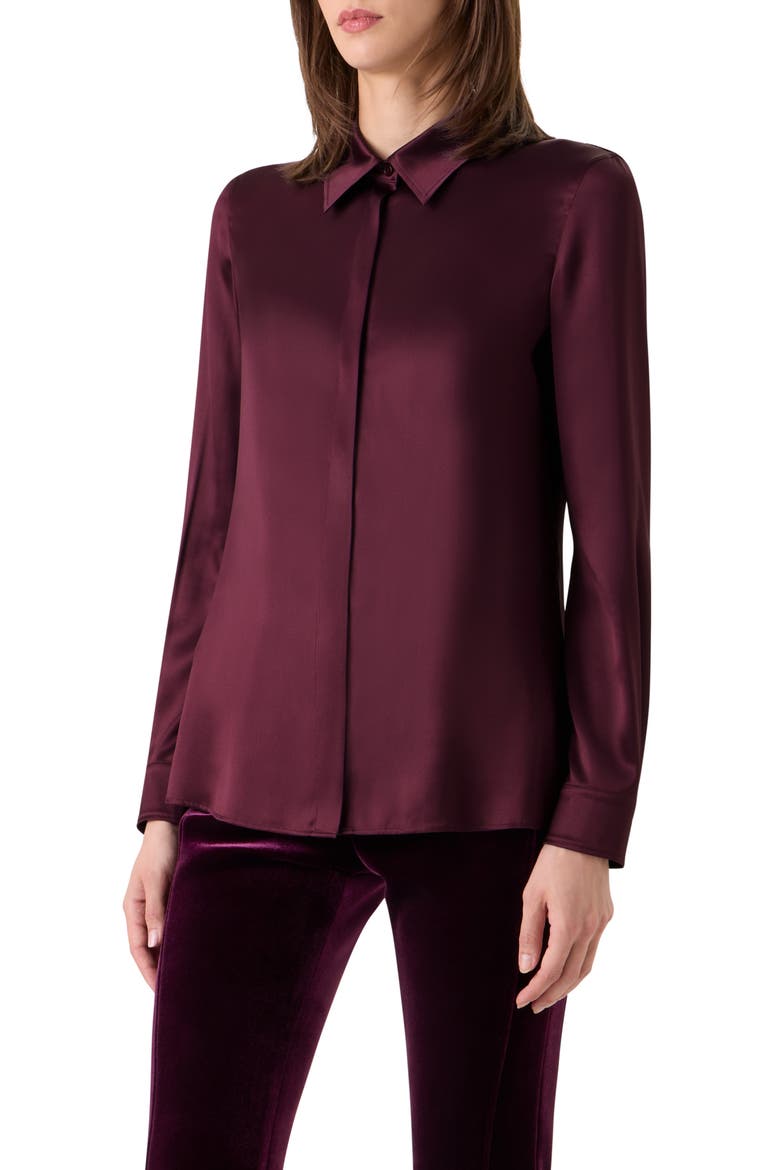 Stretch Silk Satin Button-Up Top, Alternate, color, MERLOT RED