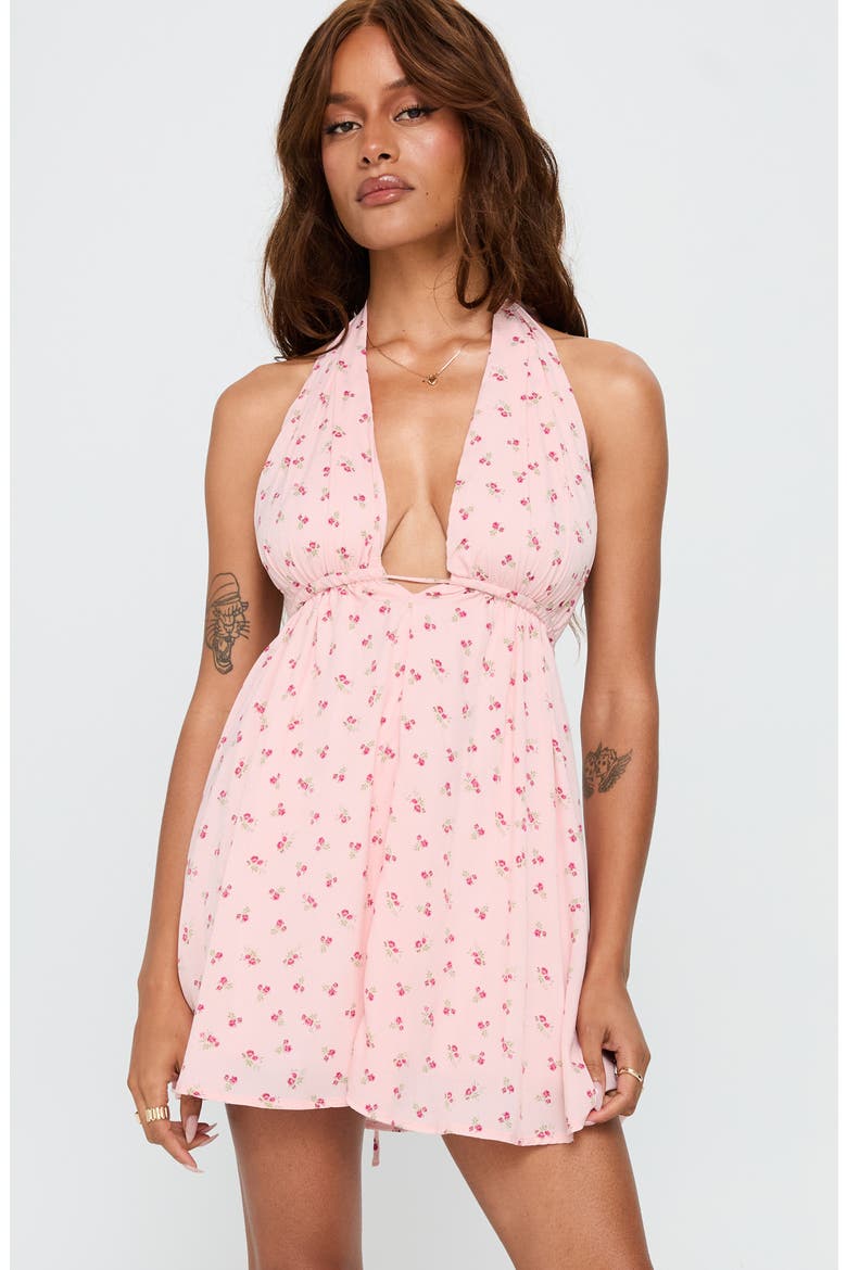 Saddler Floral Plunge Halter Minidress, Alternate, color, PINK FLORAL