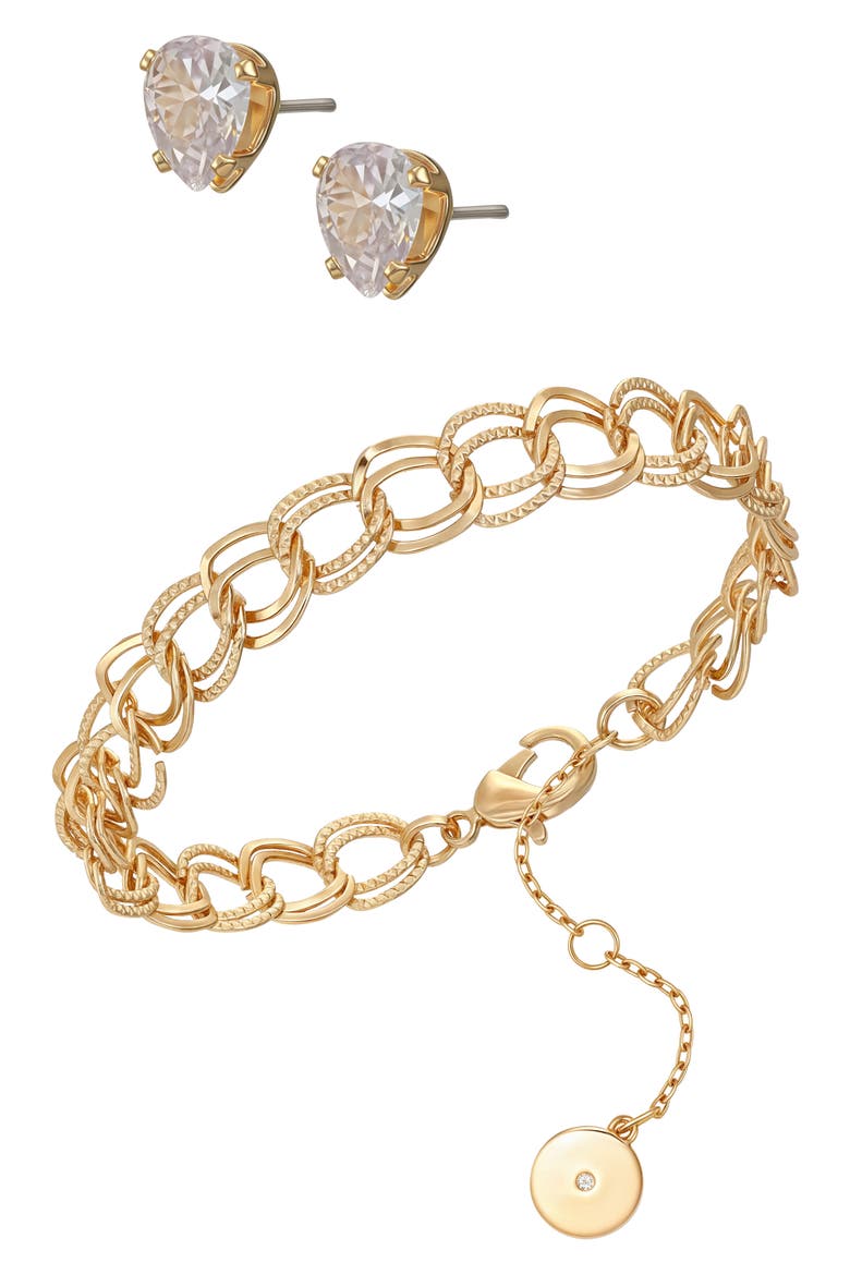Double Link Bracelet & Cubic Zirconia Stud Earrings Gift Set, Alternate, color, GOLD