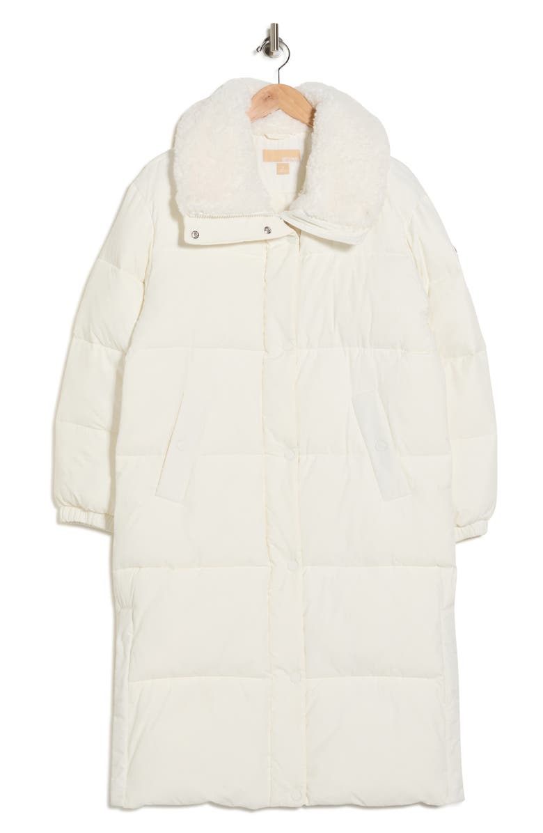 Michael Kors Faux Shearling Collared 450 Fill Power Longline Jacket, Alternate, color, Bone