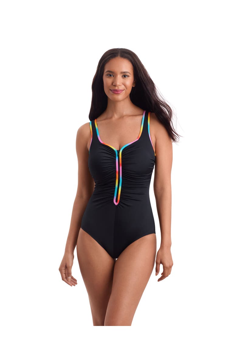 ShapeSolver Sport Shirred Zipper Tank Chlorine Resistant One-Piece Swimsuit, Main, color, Ombre Sorbet