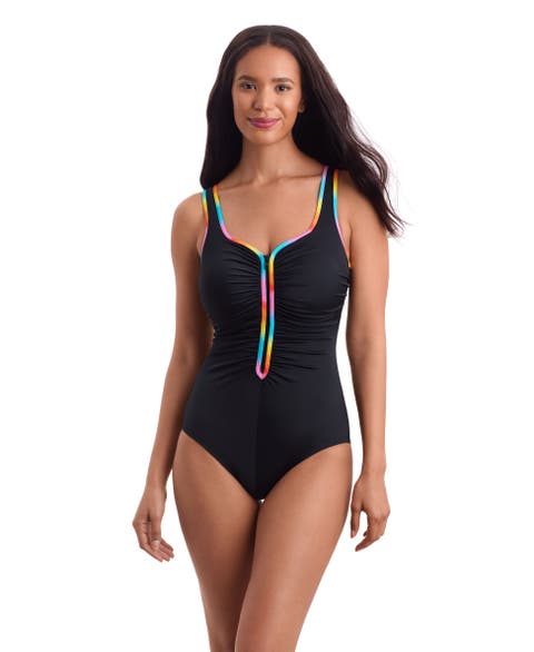 Shirred Zipper Tank Chlorine Resistant One-Piece Swimsuit